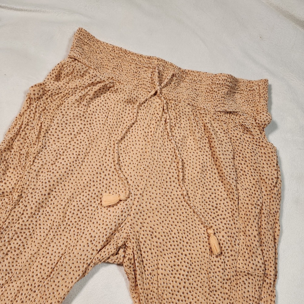Aerie Women Large Peach Dotted Smocked Waist Tassel Jogger Pants Side Pockets
